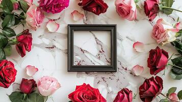 Frame with red roses on marble background photo