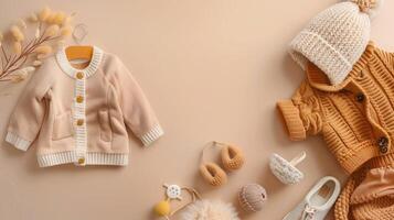 Baby clothes and accessories on a beige background photo