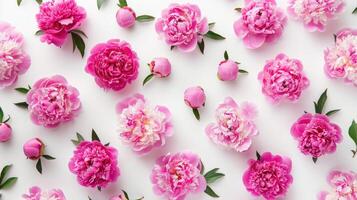 Pink peonies are arranged in a pattern on a white background photo