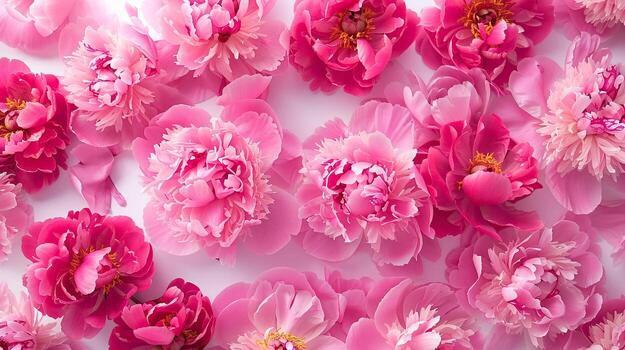 Pink peonies are arranged in a circle on a white surface photo