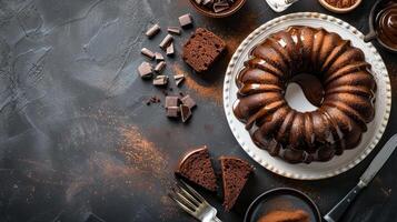 Chocolate bundt cake with chocolate icing on a dark background photo