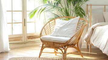 A room with a bed, a chair, a rug, and a window photo