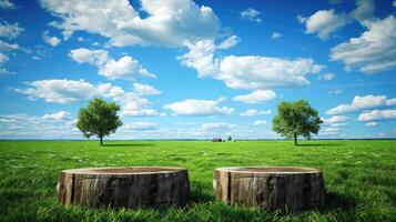 Two wooden stumps in a field with blue sky and clouds photo