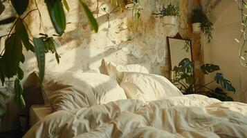 A bed with white sheets and plants in the room photo