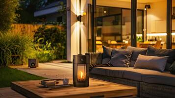 A gas fireplace in a patio area at night photo