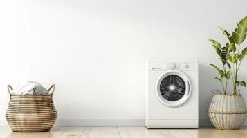 A washing machine and a basket with plants in front of a white wall photo