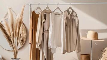 A white room with a white bed, white clothes hanging on a rack, and a hat photo