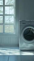 a modern white laundry room interior featuring a washing machine and dryer, with a window positioned on the left side. photo
