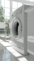 a modern white laundry room interior featuring a washing machine and dryer, with a window positioned on the left side. photo