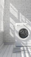 a modern white laundry room interior featuring a washing machine and dryer, with a window positioned on the left side. photo