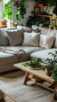 a modern living room interior featuring a gray sofa, wooden coffee table, and plants on a shelf, embodying a Scandinavian home decor concept. photo