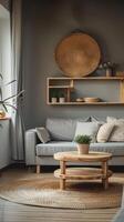 a modern living room interior featuring a gray sofa, wooden coffee table, and plants on a shelf, embodying a Scandinavian home decor concept. photo
