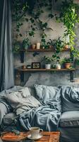 a modern living room interior featuring a gray sofa, wooden coffee table, and plants on a shelf, embodying a Scandinavian home decor concept. photo