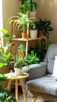 a modern living room interior featuring a gray sofa, wooden coffee table, and plants on a shelf, embodying a Scandinavian home decor concept. photo