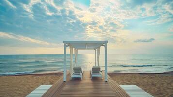 a peekaboo white gazebo with a roof and wooden platform on the beach, surrounded by lounge chairs and canopies, perfect for relaxation. photo