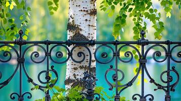 a birch tree with green leaves, set against the backdrop of an iron fence and a lake on a summer day. photo
