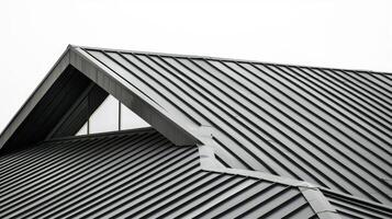 a house featuring black metal roof tiles with gable decoration, showcasing new modern architecture against an isolated background. photo