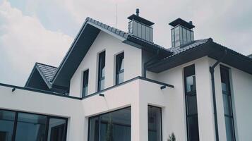 a house featuring black metal roof tiles with gable decoration, showcasing new modern architecture against an isolated background. photo