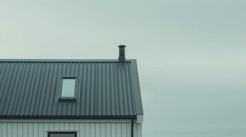 a house featuring black metal roof tiles with gable decoration, showcasing new modern architecture against an isolated background. photo