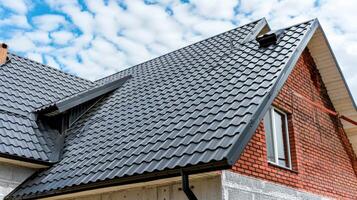 a house featuring black metal roof tiles with gable decoration, showcasing new modern architecture against an isolated background. photo