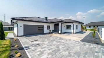 a house featuring black metal roof tiles with gable decoration, showcasing new modern architecture against an isolated background. photo