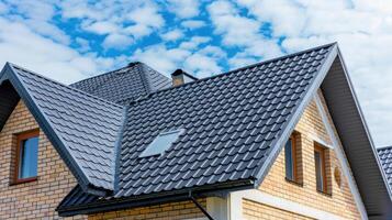 a house featuring black metal roof tiles with gable decoration, showcasing new modern architecture against an isolated background. photo