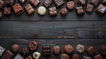 various chocolate pralines arranged on a dark wooden background, with ample space available for text. photo