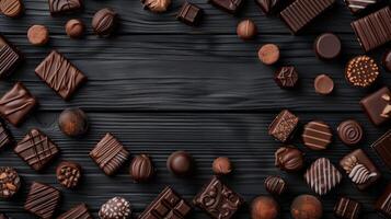 various chocolate pralines arranged on a dark wooden background, with ample space available for text. photo