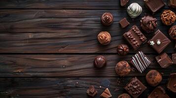 various chocolate pralines arranged on a dark wooden background, with ample space available for text. photo