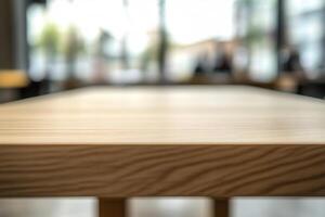 Blurred view of a wooden table in a modern setting. photo