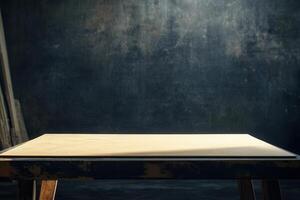 A simple wooden table in a dimly lit space. photo