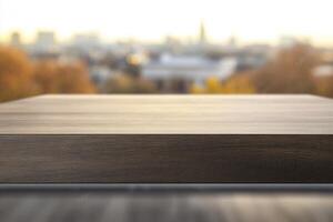 Blurred cityscape with a wooden surface in the foreground. photo