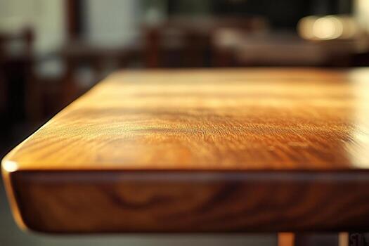 Close-up of a polished wooden table surface. photo