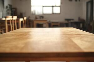 Close-up of a wooden table in a workshop setting. photo