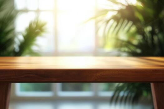 A wooden table with a blurred background of greenery. photo