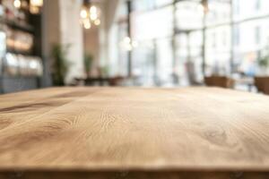 Blurred cafe interior with wooden table foreground. photo