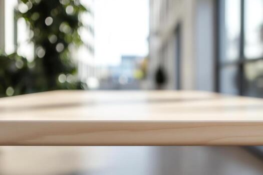 Blurred view of a wooden table in a modern setting. photo