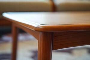 A close-up of a wooden coffee table corner. photo