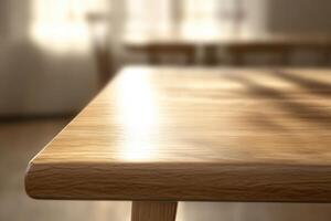 Close-up of a wooden table edge in a softly lit room. photo