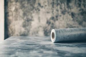 A roll of textured wallpaper on a surface. photo