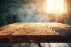 A rustic wooden table in a softly lit environment. photo