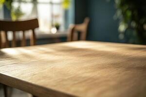Close-up of a wooden table in a cozy indoor setting. photo
