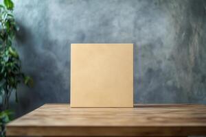 Blank canvas on a wooden table with a textured background. photo