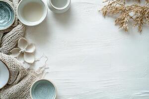 A serene arrangement of bowls and natural elements. photo