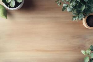 A serene wooden surface with potted plants and a lime. photo
