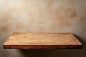 A simple wooden table against a textured wall. photo