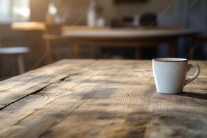 A white coffee cup on a rustic wooden table. photo