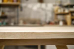 Blurred wooden surface in a workshop setting. photo