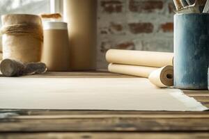 Art supplies arranged on a wooden workspace. photo