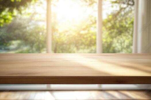 Blurred background with a wooden table and sunlight. photo